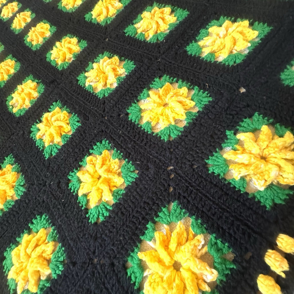 Vtg Handmade Crochet Afghan 3D Flowers Throw Lap Blanket 68” X 53” Yellow/black